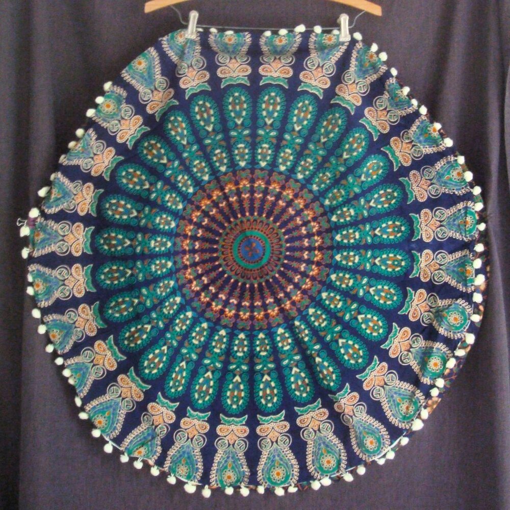 Boho Tribal Indigo Blue Large Round Pillow Cover Pom Pom NWOT